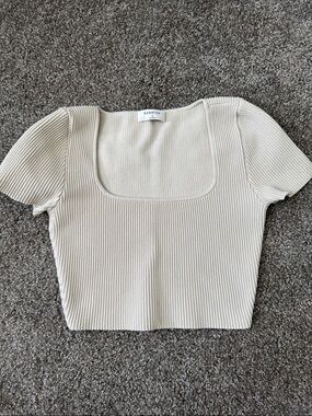 Babaton Cream Ribbed Square-Neck Crop Top